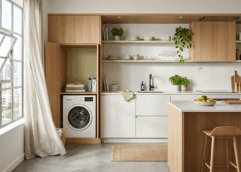 Esta lavanderia escondida atrás de portas ripadas parece armário de corredor, mas guarda tanque, máquina e produtos sem roubar a área social do apartamento