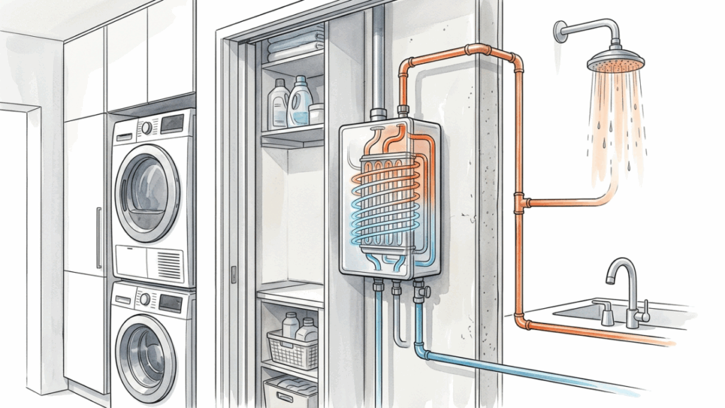 Diga adeus ao boiler gigante roubando espaço na lavanderia: o aquecedor de passagem que entrega água quente sob demanda sem manter um reservatório cheio