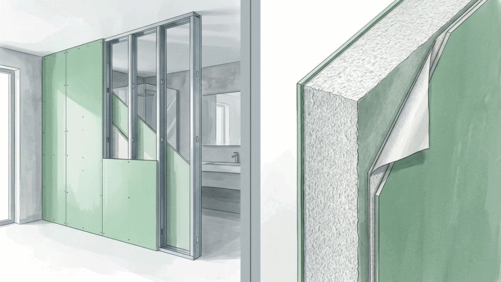 Esta placa de drywall verde com aditivos hidrofugantes parece papelão frágil, mas cria paredes de banheiro perfeitamente retas e prontas para receber azulejo em fração do tempo da alvenaria