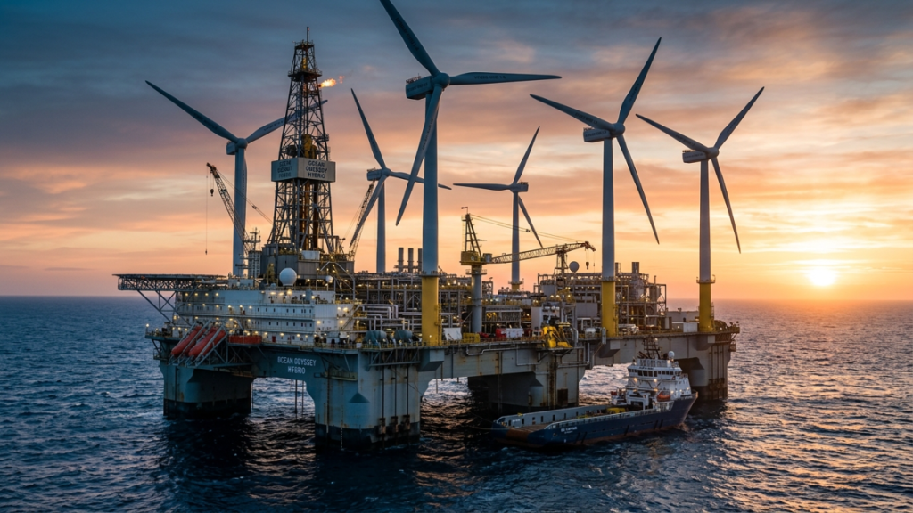 Plataformas híbridas offshore integram turbinas eólicas e petróleo com infraestrutura submarina compartilhada