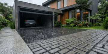 O piso permeável que parece calçada comum, mas deixa a chuva atravessar o quintal e reduz a enxurrada que corre direto para o portão da garagem