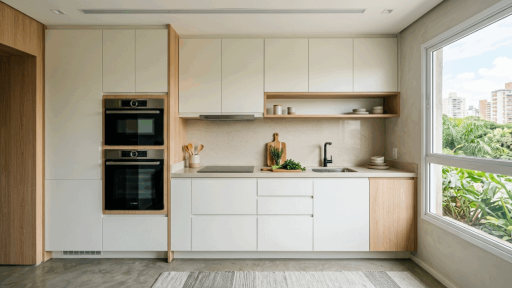Esta cozinha de 6 metros quadrados parece planejada para apartamento de luxo, tem torre quente compacta e bancada contínua para esconder a falta de espaço