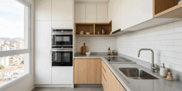 Esta cozinha de 6 metros quadrados parece planejada para apartamento de luxo, tem torre quente compacta e bancada contínua para esconder a falta de espaço