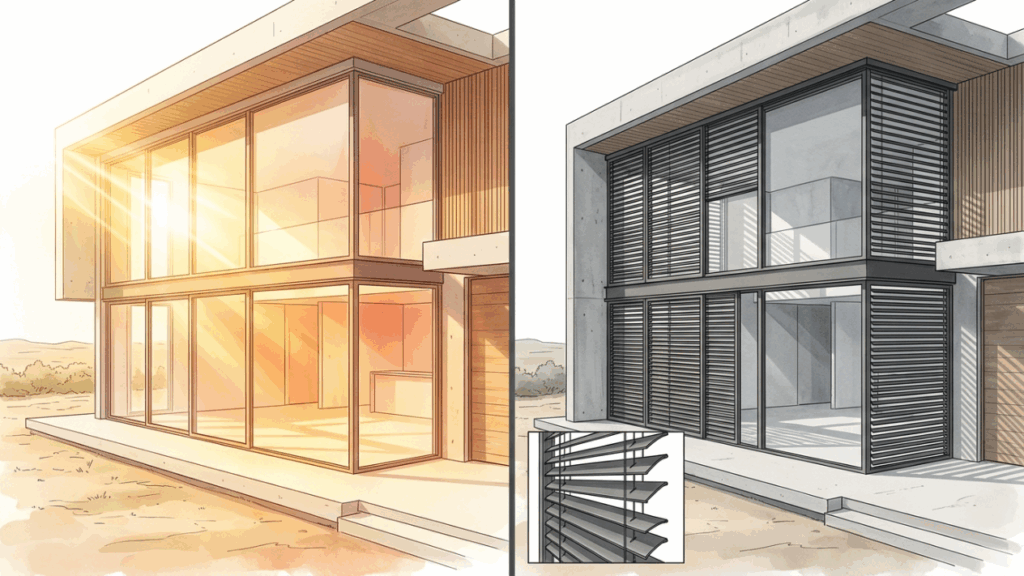 Não é pergolado decorativo, nem toldo de lona comum: o brise móvel que muda de posição ao longo do dia e controla o sol antes que ele aqueça a sala