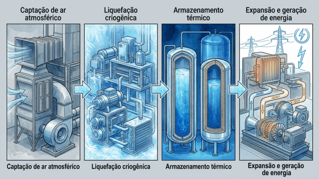 O ar líquido congelado a quase 200 graus negativos está virando bateria gigante no Reino Unido para guardar energia e devolver eletricidade quando a rede ameaça falhar