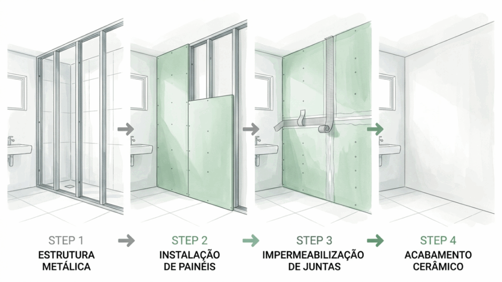 Esta placa de drywall verde com aditivos hidrofugantes parece papelão frágil, mas cria paredes de banheiro perfeitamente retas e prontas para receber azulejo em fração do tempo da alvenaria