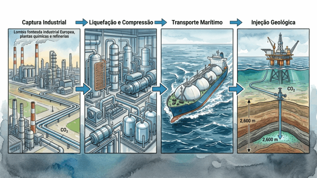 A Noruega começou a enterrar CO₂ a 2.600 metros abaixo do fundo do mar usando navios especiais, tanques costeiros e um gasoduto submarino de 100 quilômetros