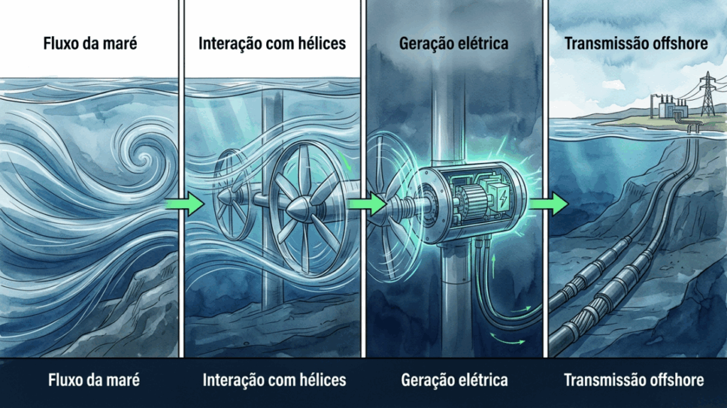A turbina flutuante de 72 metros presa no mar da Escócia usa duas hélices submersas para transformar a força das marés em eletricidade limpa sem barragens