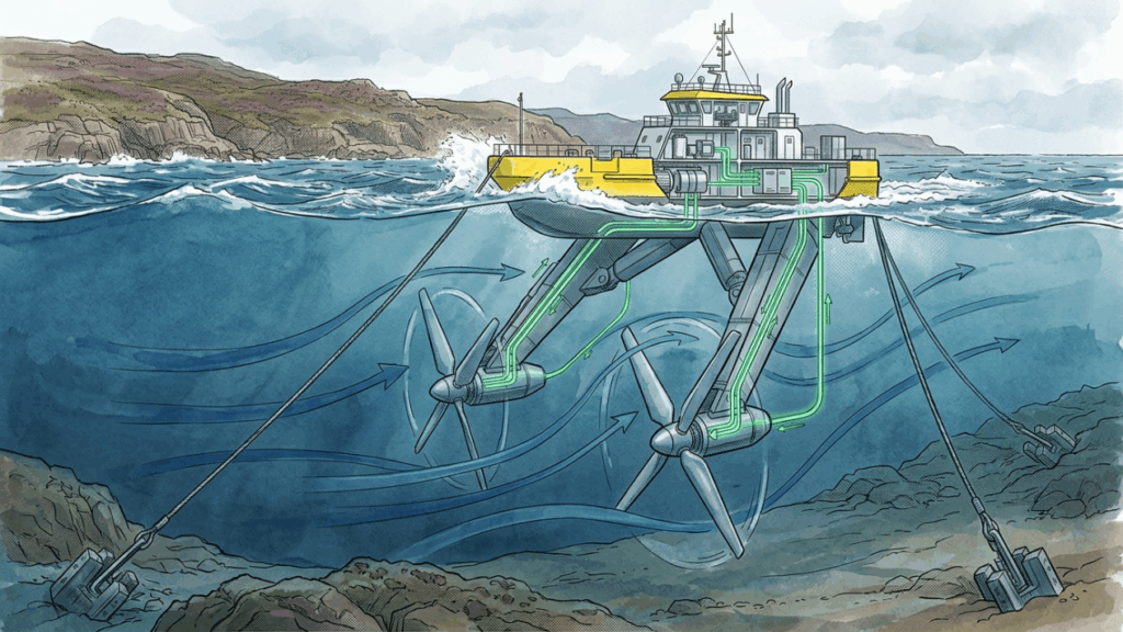 A turbina flutuante de 72 metros presa no mar da Escócia usa duas hélices submersas para transformar a força das marés em eletricidade limpa sem barragens
