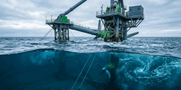 A turbina flutuante de 72 metros presa no mar da Escócia usa duas hélices submersas para transformar a força das marés em eletricidade limpa sem barragens