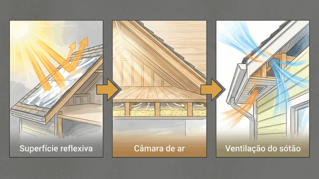 A barreira radiante escondida sob o telhado que parece papel-alumínio de obra, mas foi criada para refletir o calor antes que ele invada o forro da casa