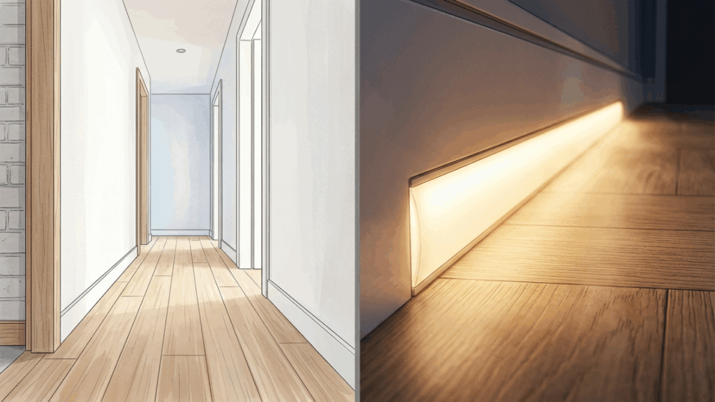 Não é automação cara, nem capricho de hotel: os balizadores em fita de LED embutidos no rodapé iluminam o caminho até o banheiro sem despertar o cérebro no meio da madrugada