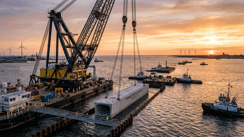 O túnel submarino de 18 quilômetros entre Dinamarca e Alemanha está sendo montado com blocos gigantes de concreto afundados no Báltico para cortar viagens de carro e trem sem perfurar a rocha