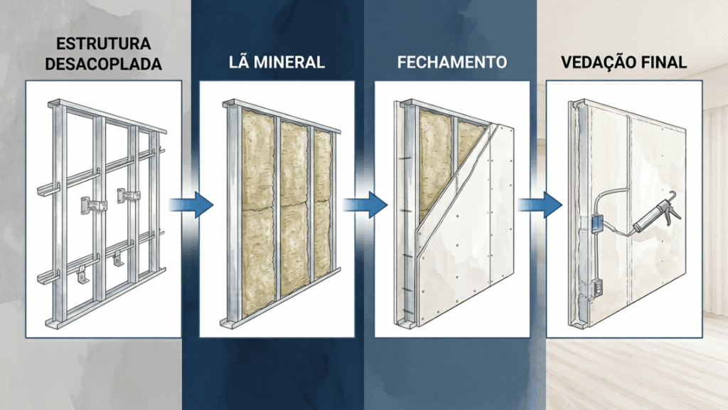 Esta parede de drywall dupla parece exagero de estúdio musical, mas pode transformar um quarto comum em refúgio silencioso contra televisão, conversa e elevador