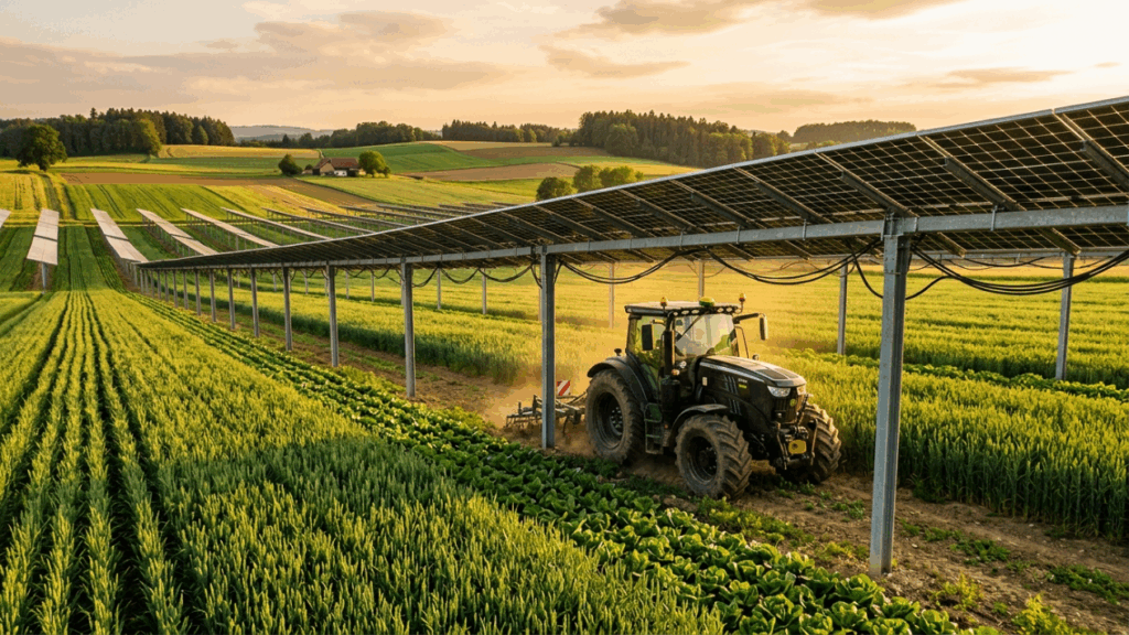 Os painéis solares erguidos sobre plantações prometem gerar eletricidade sem expulsar o agricultor da terra e ainda criar sombra útil para lavouras sensíveis