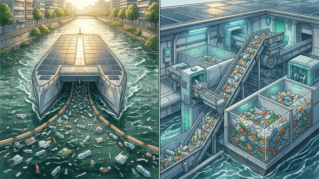 O catamarã solar autônomo que engole lixo de rios usa esteiras, sensores e caçambas inteligentes para impedir plástico de chegar ao oceano