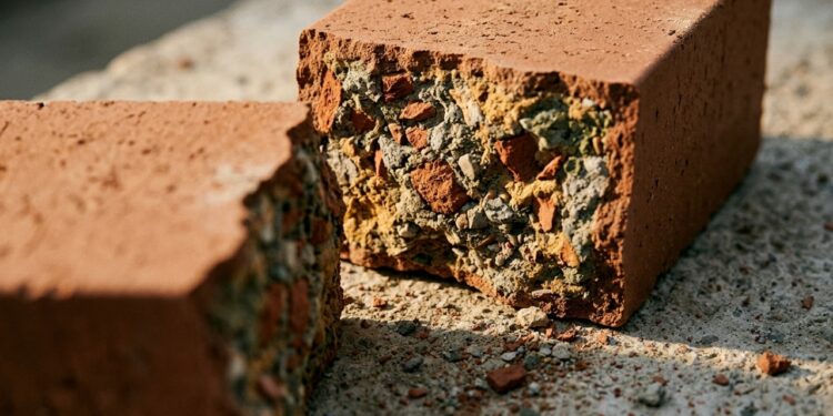 O tijolo feito quase todo de entulho de obra que parece comum por fora, mas nasce de resíduos de demolição comprimidos