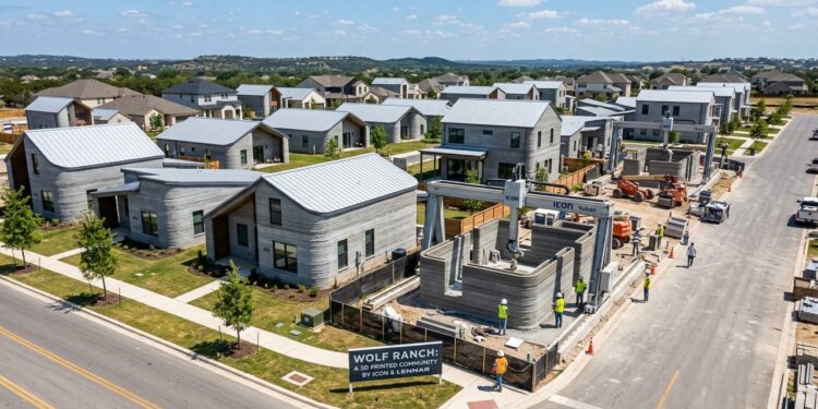 Projetada para abrigar 100 residências impressas em 3D, a inovadora comunidade no Texas utiliza robótica de grande porte para acelerar as obras