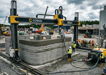 Com impressoras 3D gigantes que usam concreto real, a COBOD reduz em 60% o desperdício de material na construção de residências