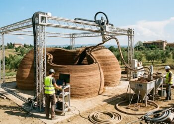 Não é taipa antiga, nem concreto impresso comum: a casa de barro feita por robôs que nasce em camadas e usa terra local para transformar construção 3D em arquitetura habitável