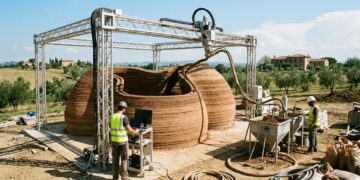 Não é taipa antiga, nem concreto impresso comum: a casa de barro feita por robôs que nasce em camadas e usa terra local para transformar construção 3D em arquitetura habitável