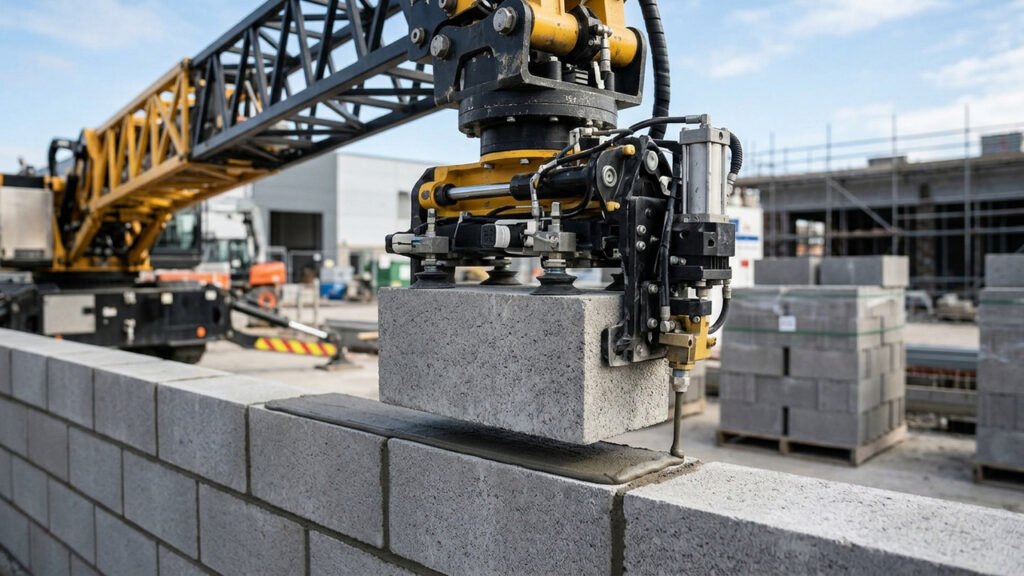 Equipada com um braço telescópico de 32 metros, a máquina construtora assenta até 1.000 blocos por hora e ergue paredes de até 3 pavimentos a partir da rua