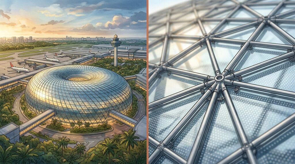 Uma cúpula de aço e vidro com 3.500 toneladas abriga uma floresta e uma queda-d’água de 40 metros dentro de um aeroporto