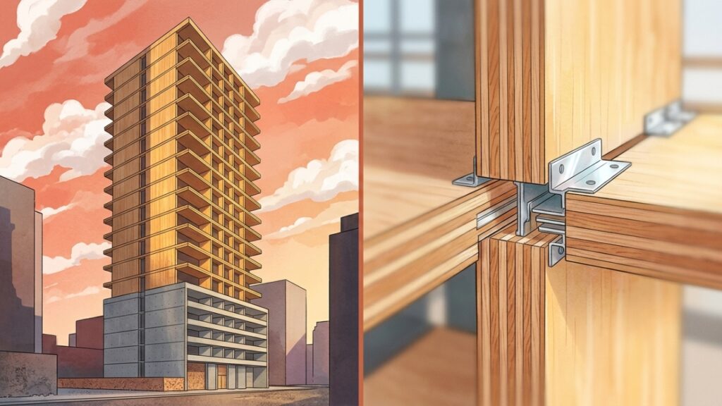 Como concreto e madeira engenheirada dividem funções estruturais em um edifício