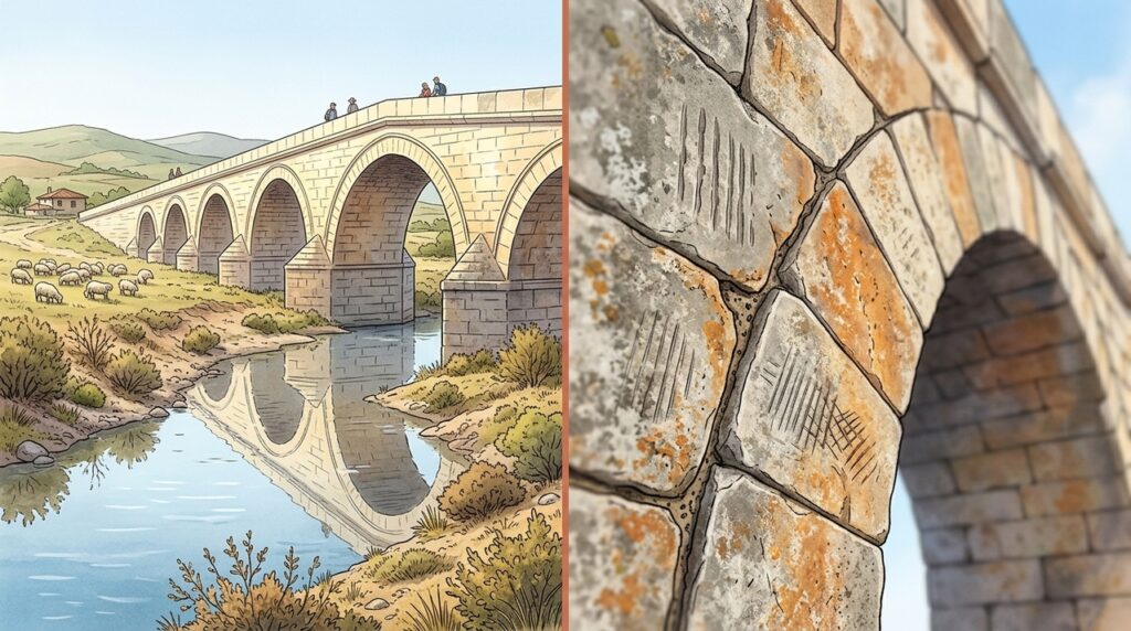 Com 350 metros de pedra, a Ponte de Justiniano substituiu travessias de madeira levadas pelas cheias