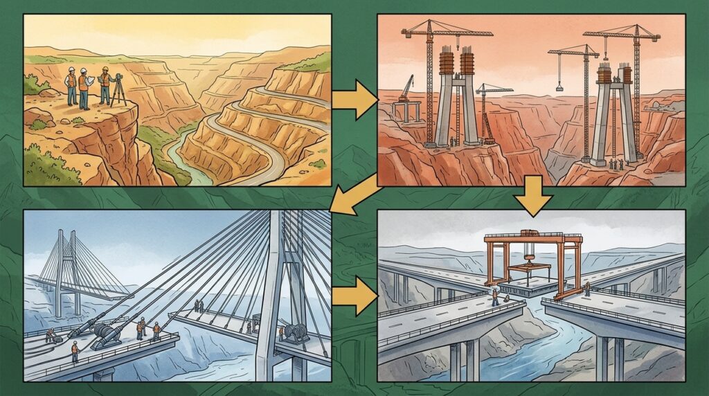 [fotografia editorial de alta qualidade, estilo revista de engenharia civil, infraestrutura e logística, com atmosfera de escala extrema e relevo vencido / Ponte Duge (Beipanjiang Bridge) em destaque absoluto — tabuleiro elevado sobre o cânion profundo entre Guizhou e Yunnan, com torres estaiadas e cabos suspensos, a paisagem montanhosa ao redor, a luz natural criando reflexos e contrastes, transmitindo a sensação de engenharia que venceu o relevo extremo / composição sangrada: a ponte e o cânion ocupam o centro da imagem, com as montanhas, o vale e o céu estendendo-se até as bordas, sem margens ou moldura / profundidade de campo cinematográfica: foco nítido na ponte e nos cabos, com as montanhas e o horizonte suavemente desfocados com bokeh orgânico, sugerindo a escala e a integração com a paisagem / iluminação técnica e dramática: luz natural de dia com nuvens, criando reflexos e contrastes na estrutura metálica e no concreto, com áreas de luz e sombra que destacam a ponte e o vale, transmitindo a sensação de precisão e engenharia, sem artificialidade de estúdio / ângulo chamativo: plano geral com câmera posicionada na altura do vale ou ligeiramente aérea, capturando a ponte em perspectiva, os cabos, o tabuleiro, as montanhas, sugerindo a escala e a travessia extrema / paleta emocional do tema Construção com toque montanhoso: azul-aço na estrutura, cinza-metal nos cabos, branco-gelo nos reflexos, terracota e ocre nas montanhas, verde-selva na paisagem, concreto na estrutura / ambiente contextualizado: Guizhou/Yunnan, China, Ponte Duge, cânion, tabuleiro elevado, cabos estaiados, montanhas, elementos que sugerem a engenharia extrema e a conexão regional, sem cenário encenado artificialmente / sem texto visível, sem pessoas em destaque, sem elementos de stock / atmosfera: engenharia extrema, relevo vencido, a travessia que liga montanhas suspensas no céu / 16:9, composição sangrada sem margens, alta qualidade editorial, fotografia com luz natural e atmosfera de infraestrutura e montanha]