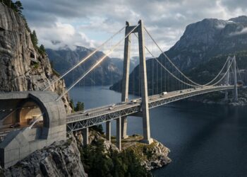 Ponte norueguesa ligada a túneis e rotatórias