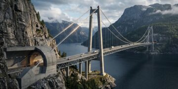 Ponte norueguesa ligada a túneis e rotatórias