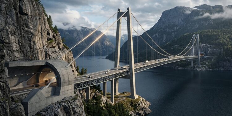 Ponte norueguesa ligada a túneis e rotatórias
