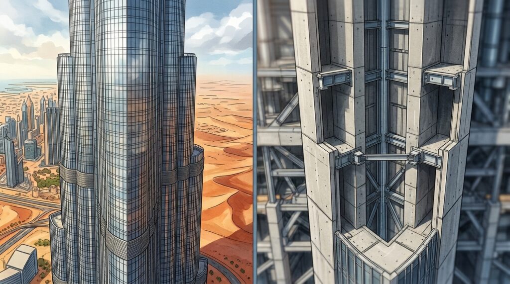 Burj Khalifa usa forma em Y e recuos na fachada para enfrentar ventos a 828 metros de altura