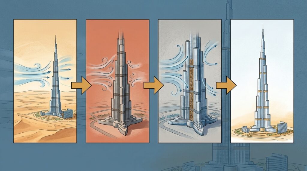 Burj Khalifa usa forma em Y e recuos na fachada para enfrentar ventos a 828 metros de altura