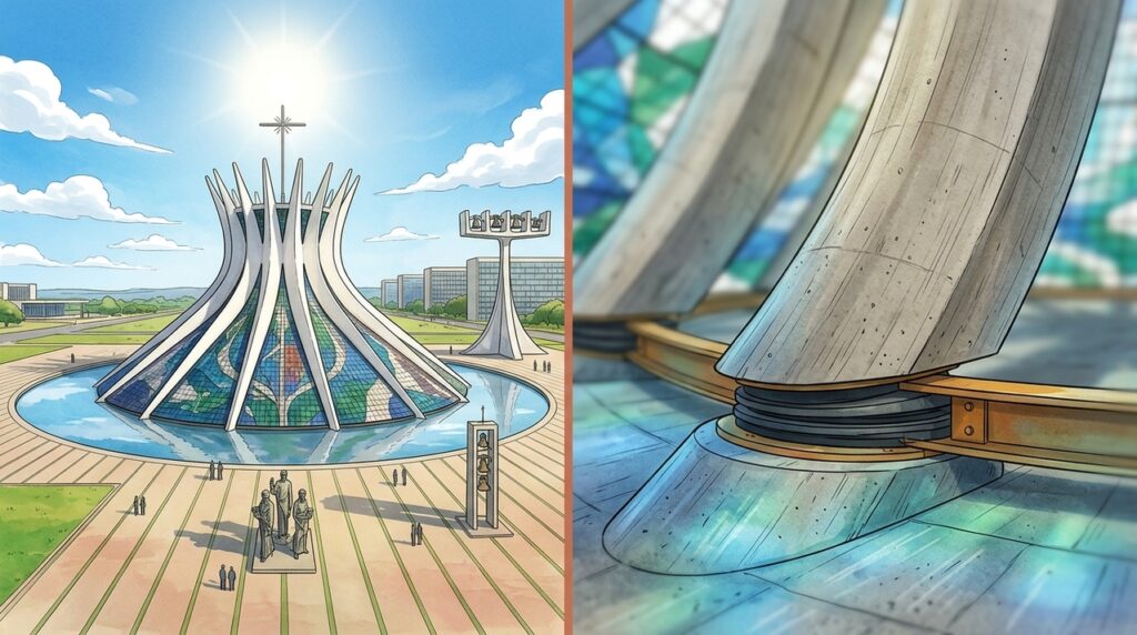 A Catedral de Brasília ergue 16 colunas curvas de concreto como mãos abertas em direção ao céu