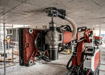 Operando de forma semiautônoma na perfuração de tetos, o robô da Hilti realiza mais de 500 furos precisos por dia seguindo a planta digital em 3D