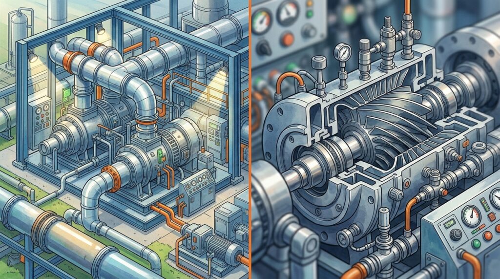 Uma única estação de compressão mantém o gás natural viajando por milhares de quilômetros sem deixar a pressão desaparecer pelo caminho