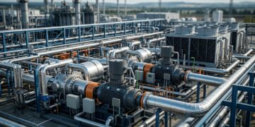 Uma única estação de compressão mantém o gás natural viajando por milhares de quilômetros sem deixar a pressão desaparecer pelo caminho