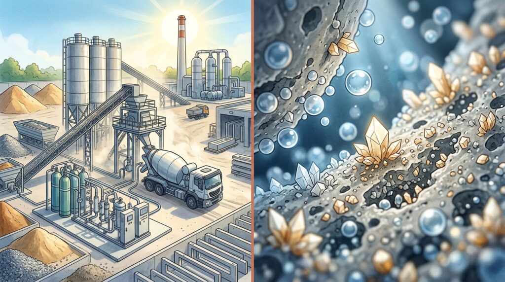 O concreto do futuro pode prender CO₂ da fábrica dentro do próprio material por mineralização de carbono