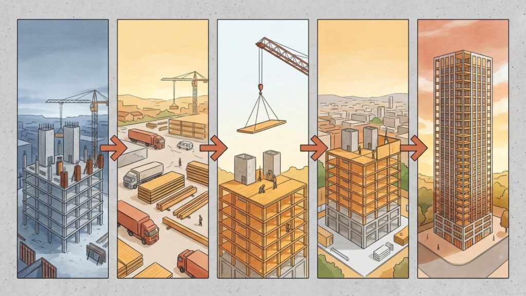 Como concreto e madeira engenheirada dividem funções estruturais em um edifício