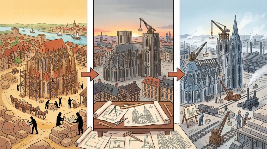 Com torres de 157 metros, a Catedral de Colônia levou séculos para concluir um projeto gótico medieval