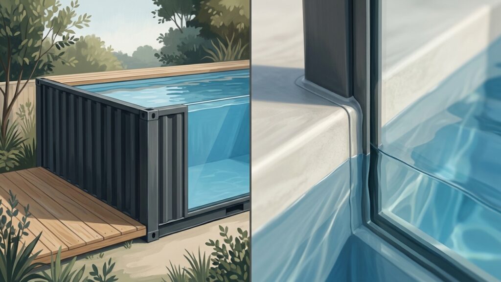 Piscina de contêiner elevada com vidro lateral e acabamento interno