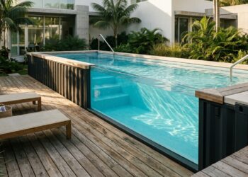Piscina de contêiner elevada com vidro lateral e acabamento interno