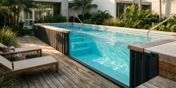 Piscina de contêiner elevada com vidro lateral e acabamento interno