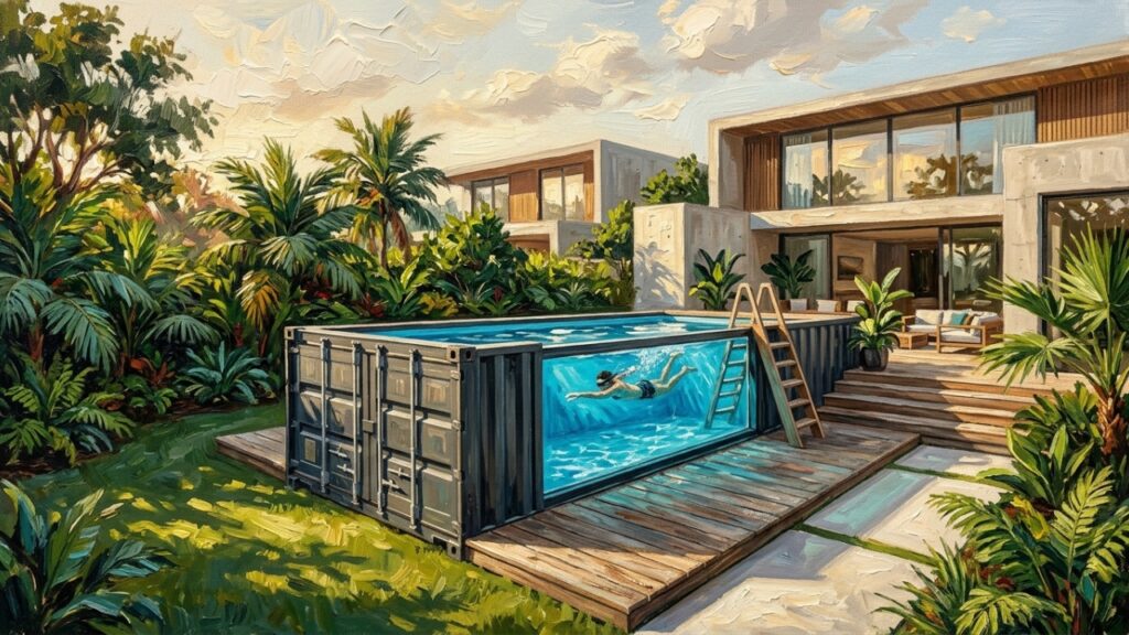 Piscina de contêiner elevada com vidro lateral e acabamento interno