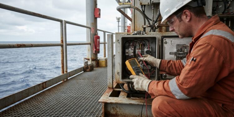 Eletricista offshore mantém sistemas essenciais em operação