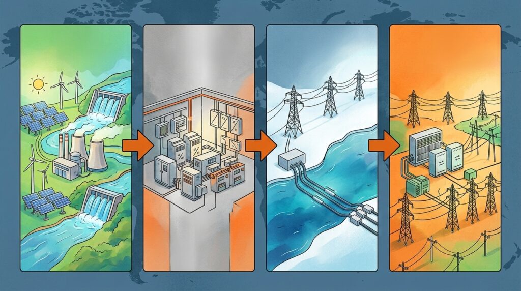 Entre desertos, montanhas e oceanos, as linhas de transmissão em corrente contínua atravessam continentes levando eletricidade por milhares de quilômetros