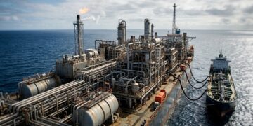 Com 1,6 milhão de barris de armazenamento, um FPSO separa óleo, gás e água no meio do oceano e funciona como uma refinaria flutuante a 200 km da costa