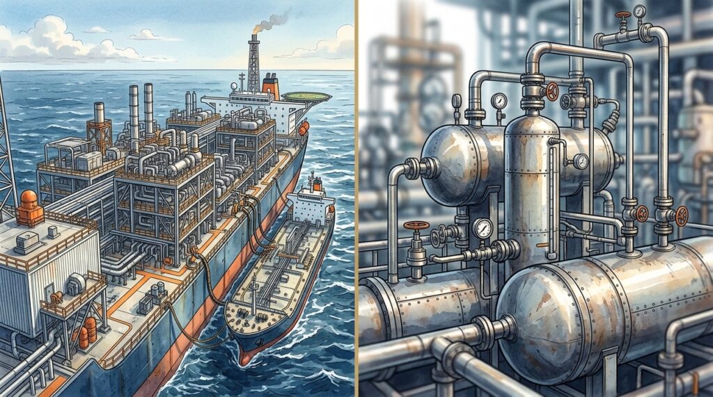 Com 1,6 milhão de barris de armazenamento, um FPSO separa óleo, gás e água no meio do oceano e funciona como uma refinaria flutuante a 200 km da costa